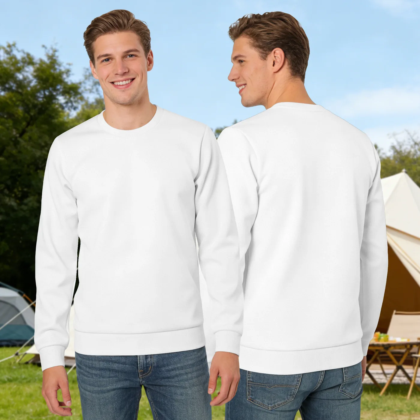 Crew Neck Sweatshirt with Chest & Back Print, Unisex, Fleece Lined